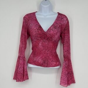 Vintage Cache Y2K Pink Mesh Floral Ruched Bell Sleeve Top S